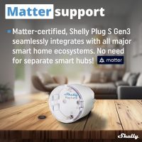 Shelly Plug S Gen3 Blanc – Prise connectée Matter 12 A (2500 W), Type F, Wi-Fi,