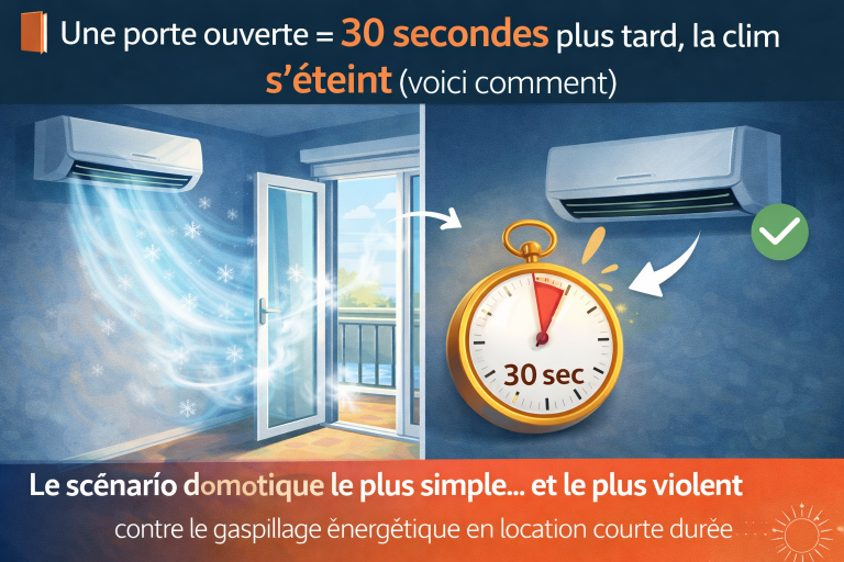 Lire la suite à propos de l’article 🚪 Une porte ouverte = 30 secondes plus tard, la clim s’éteint (voici comment)Le scénario domotique le plus simple… et le plus violent contre le gaspillage énergétique en location courte durée